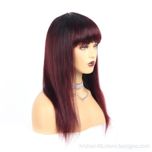 Wholesale Ombre 1b/99j Color Raw Brazilian Virgin Hair Silky Straight Wig Cuticle Aligned Brazilian Human Hair Wigs with bangs